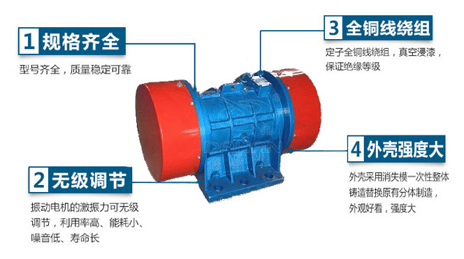 VB振動(dòng)電機(jī)特點(diǎn)：1，規(guī)格齊全：型號(hào)齊全，質(zhì)量穩(wěn)定可靠。2，無(wú)極調(diào)節(jié)：振動(dòng)電機(jī)的激振力可無(wú)極調(diào)節(jié)，利用率高，能耗小，噪音低，壽命長(zhǎng)。4，外殼輕度大：外殼采用消失模一次性整體鑄造替換原有分體制造，外觀好看，強(qiáng)度大。