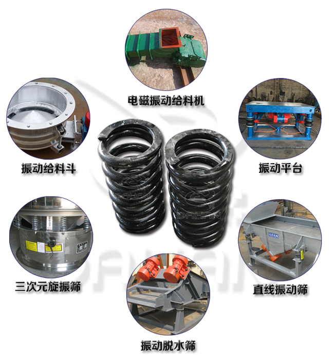 旋振篩減震彈簧適用產(chǎn)品：振動(dòng)給料機(jī)，電磁振動(dòng)給料機(jī)，振動(dòng)平臺(tái)，直線振動(dòng)篩，振動(dòng)脫水篩，三次元旋振篩。