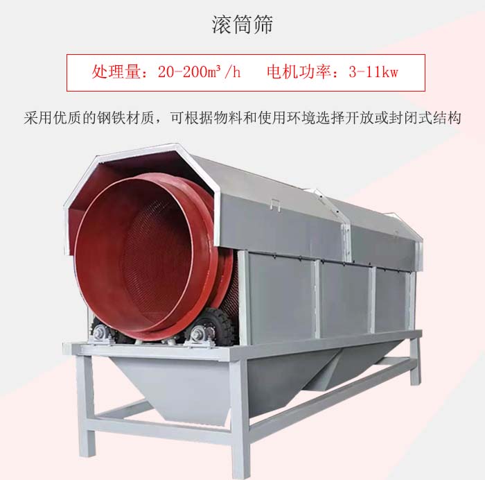 滾筒篩采用優(yōu)質(zhì)的鋼鐵材質(zhì)，可根據(jù)物料和使用環(huán)境選擇開放或封閉式結(jié)構(gòu)