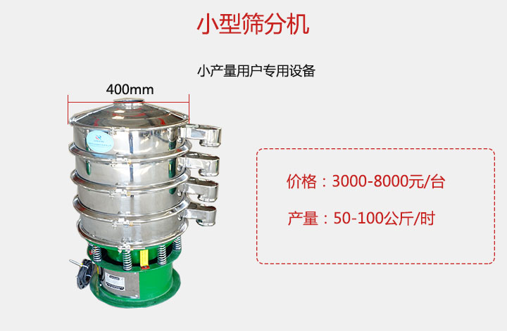 小型篩分機(jī)產(chǎn)量可達(dá)100公斤/時(shí)，價(jià)格3000元起。