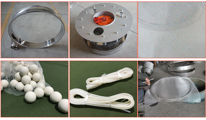 800型全不銹鋼振動(dòng)篩配件有：振動(dòng)篩篩框，電機(jī)，不銹鋼篩網(wǎng)等。