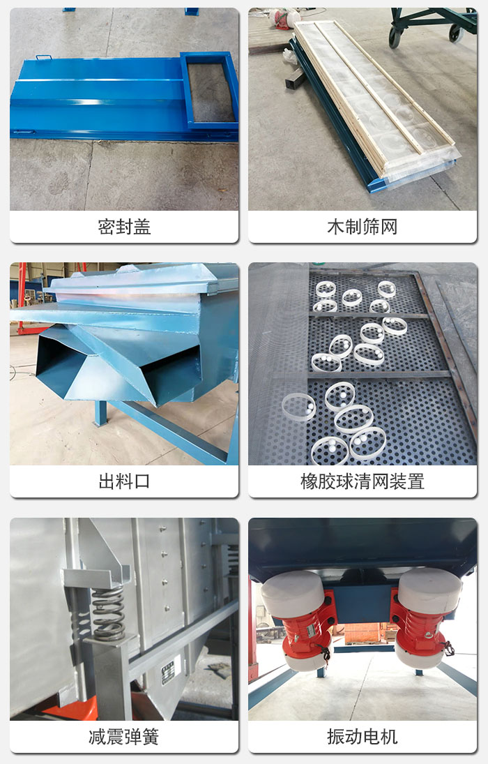直線篩結(jié)構(gòu)展示：篩網(wǎng)，篩箱，振動電機，振動電機座，減震彈簧，支架等部件展示圖