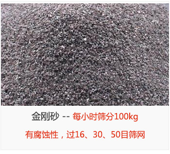 篩分金剛砂每小時(shí)100kg，有腐蝕性，過(guò)16、30、50目篩網(wǎng)