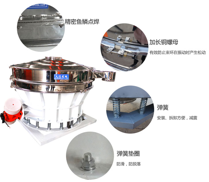 1500直排篩細(xì)節(jié)展示：彈簧，彈簧墊圈，加長銅螺母。