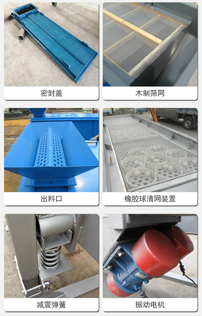直線篩分機(jī)的結(jié)構(gòu)展示圖：篩箱是物料主要篩分設(shè)備之一，篩網(wǎng)用于篩分物料，振動電機(jī)幫助篩網(wǎng)篩分。