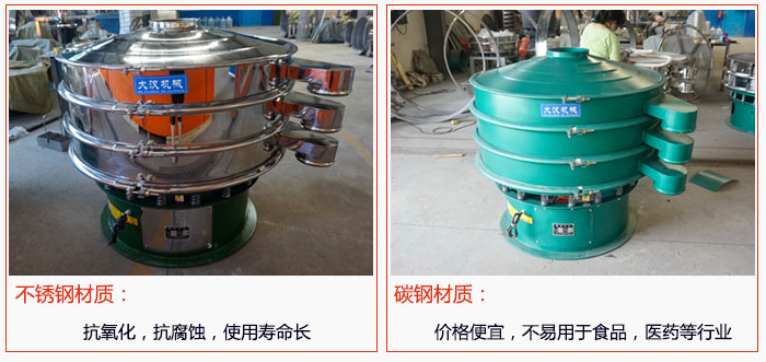 800型振動(dòng)篩有不銹鋼和碳鋼兩種材質(zhì)，不銹鋼材質(zhì)：抗氧化，抗腐蝕，使用壽命長(zhǎng) 碳鋼材質(zhì)：價(jià)格便宜，不易篩分食品，化工，醫(yī)藥等行業(yè)的物料。