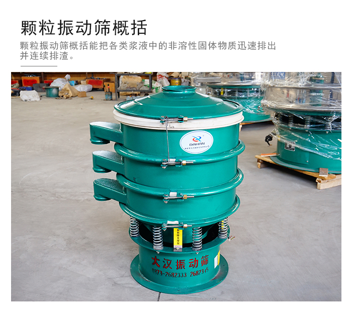 顆粒式振動篩是針對顆粒狀物料進行研發(fā)的，由于顆粒的形狀有很多的不同所以，廠家在清網(wǎng)裝置方面進行提升效率。