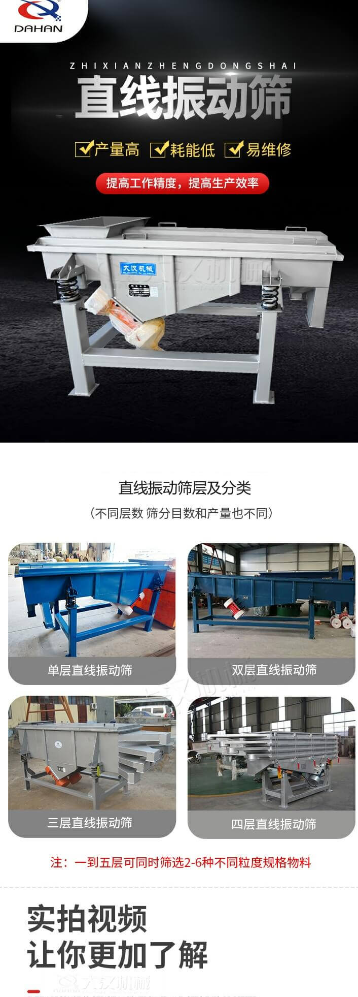 直線振動(dòng)篩概述，產(chǎn)量高，耗能低，易維修，提高工作精度，提高生產(chǎn)效率，直線振動(dòng)篩層級(jí)分類(lèi)：不同層數(shù)，篩分目數(shù)和產(chǎn)量也不同：?jiǎn)螌?，雙層，三層，四層等。