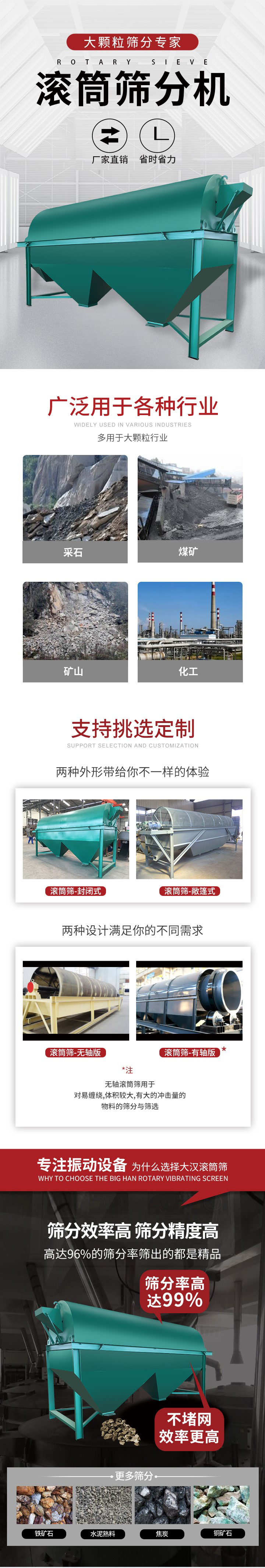 滾筒篩分機(jī)大顆粒篩分專家：廠家直銷，省時(shí)省力。滾筒篩被廣泛應(yīng)用各種行業(yè)：多用于大顆粒行業(yè)例如：采石，煤礦，礦山，化工等。滾筒篩定制類型有哪些：封閉式與敞篷式產(chǎn)品結(jié)構(gòu)分為：無(wú)軸式，有軸式兩種，無(wú)軸滾筒篩用于對(duì)纏繞，體積較大，有大的沖擊量的物料的篩分與篩選。滾筒篩篩分效率高篩分精度能夠達(dá)到：96%也比較適用于鐵礦石，水泥熟料，焦炭，銅礦石。滾筒篩特點(diǎn)：不飛粉末：密封隔離罩，密封性好，工作過(guò)程不會(huì)出現(xiàn)飛粉現(xiàn)象。外型尺寸是按筒體長(zhǎng)計(jì)