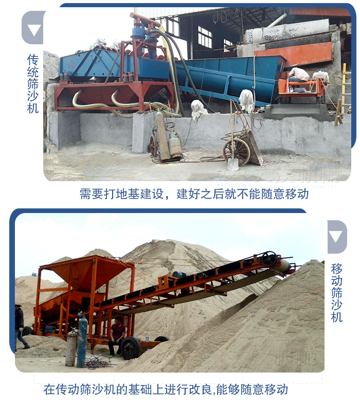 移動的篩沙機(jī)在安裝前需要打地基，而固定完畢后就不能隨意的移動，而移動篩沙機(jī)不需要打地并且隨時能夠進(jìn)行移動。