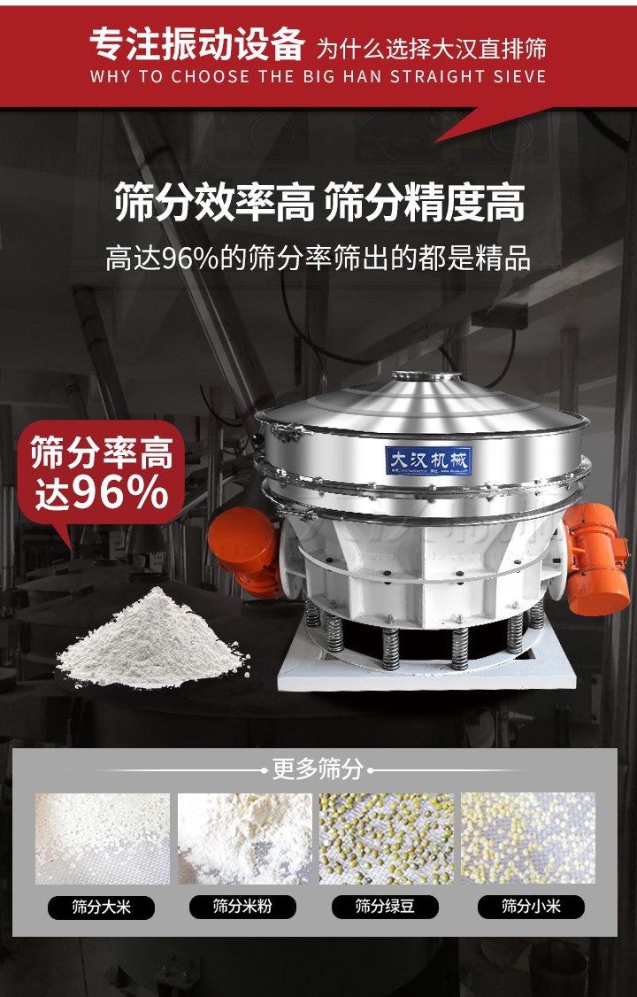 直排篩適用物料有面粉，淀粉，洗衣粉，金屬粉，添加劑，化工，非礦等行業(yè)。