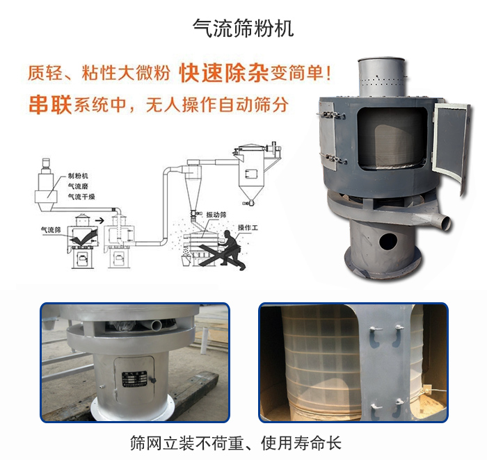 氣流篩粉機(jī)適用：質(zhì)輕，粘性大微粉采用串聯(lián)系統(tǒng)重，無人操作自動(dòng)篩分 特點(diǎn)：篩網(wǎng)立裝不負(fù)重，使用壽命長。