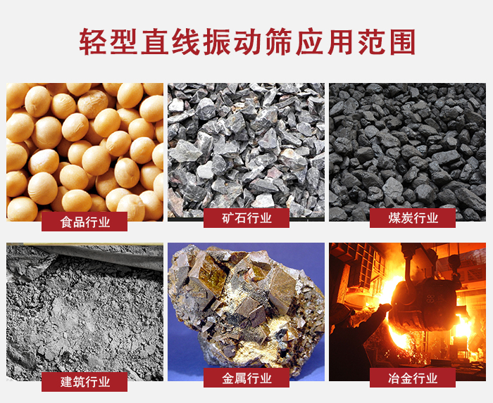 輕型直線振動(dòng)篩應(yīng)用范圍較廣多使用與顆粒狀，粉狀以及其它重型行業(yè)的輸送。