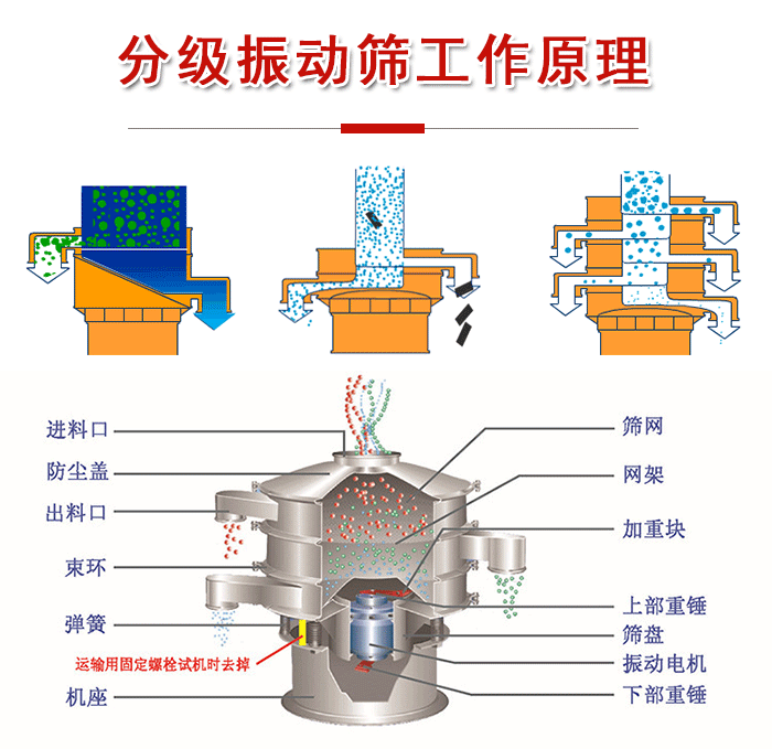 分級(jí)振動(dòng)篩內(nèi)部結(jié)構(gòu)：進(jìn)料口，防塵蓋，出料口，束環(huán)，彈簧，機(jī)座，篩網(wǎng)，網(wǎng)架，上部重錘，振動(dòng)電機(jī)，下部重錘。