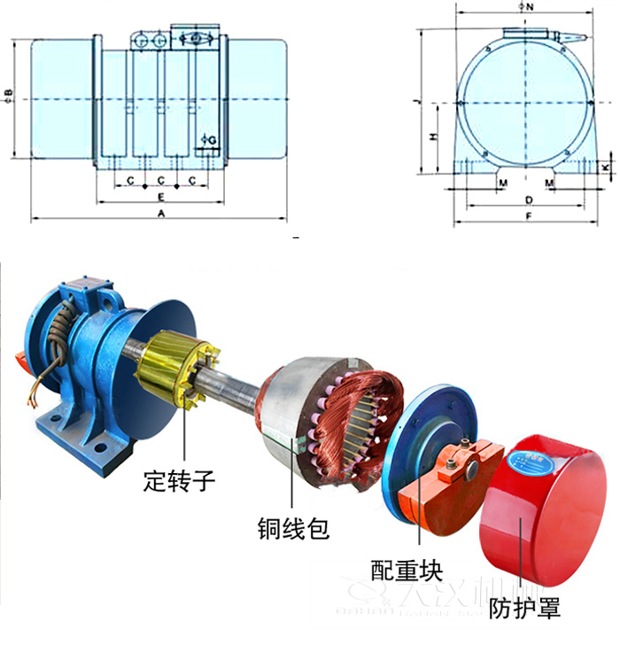 YZS振動電機(jī)內(nèi)部主要部件：定轉(zhuǎn)子，銅線包，配重塊，防護(hù)罩。