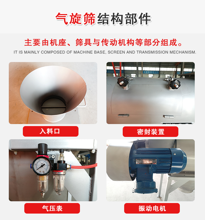 氣旋篩結構：入料口，密封裝置，電機，氣壓表等