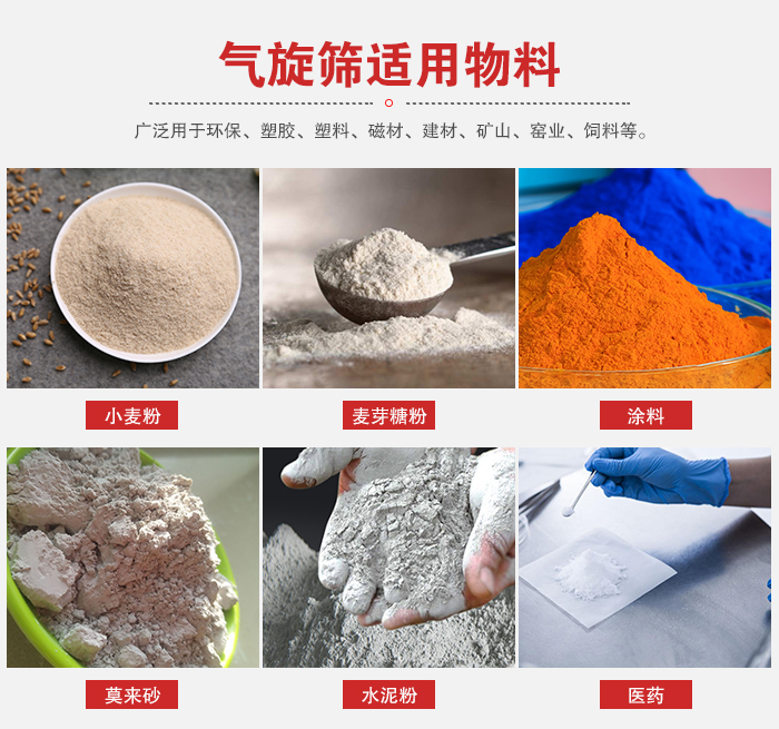 氣旋篩適用物料：小麥粉，麥芽糖粉，涂料，等粉狀物料。