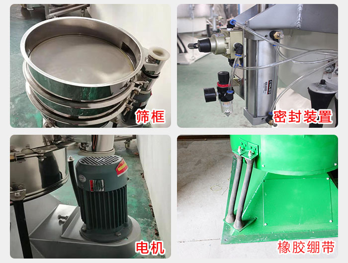 搖擺篩結(jié)構(gòu)：電機(jī)，橡膠繃帶，篩框，密封裝置等。