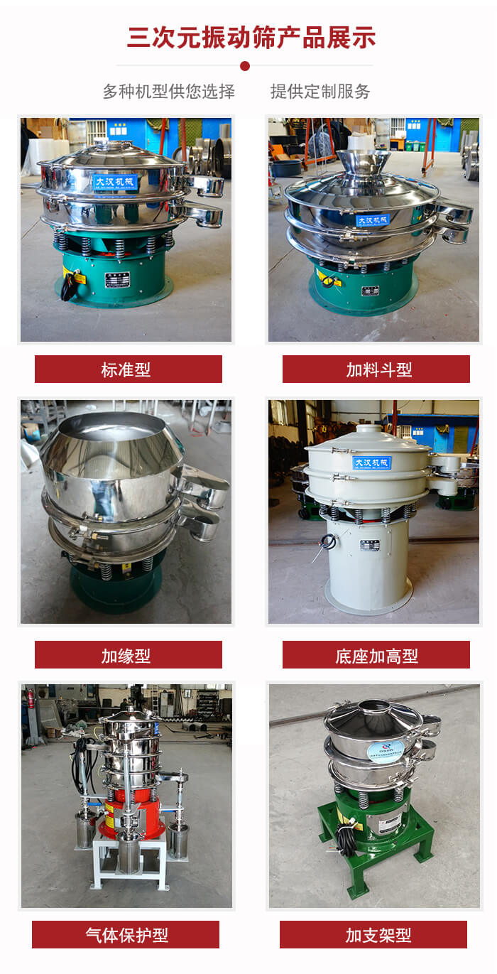 三次元振動篩不同結(jié)構(gòu)展示：標(biāo)準(zhǔn)型，加料斗型，加緣型，底座加高型，氣體保護(hù)型，加支架型。