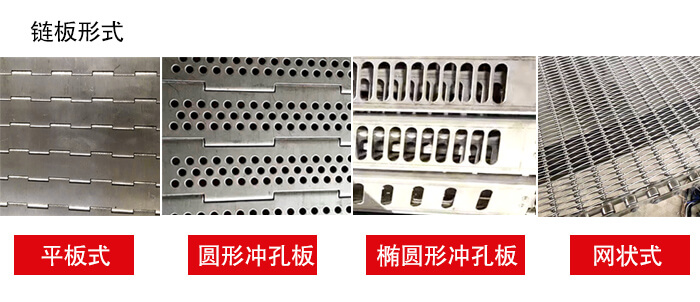 鏈板輸送機鏈板的不同形式：平板式，圓形沖孔板，網(wǎng)狀式等