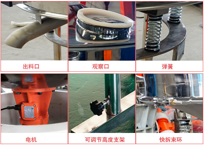 高頻篩細節(jié)展示：出料口，觀察口，彈簧，電機，可調(diào)節(jié)高度支架，快拆束環(huán)。